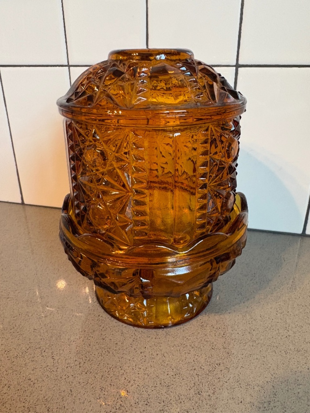 Vintage Indiana Glass “Stars & Bars” amber fairy lamp